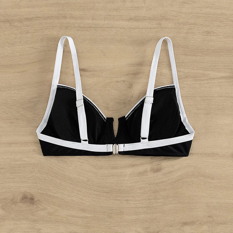 Sexy Black White Patchwork Bikini 2024 Women Halter V Underwire Push Up Micro Swimsuit Beach Bathing Suit High Waist Swimwear - -
