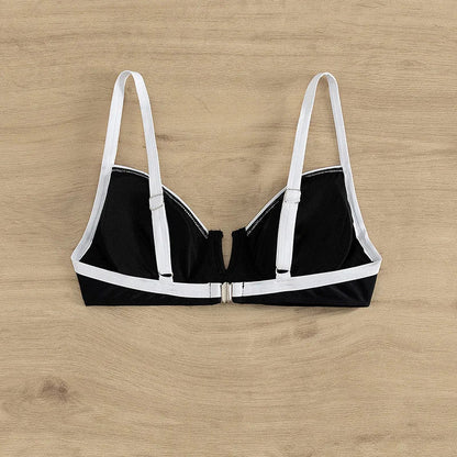 Sexy Black White Patchwork Bikini 2024 Women Halter V Underwire Push Up Micro Swimsuit Beach Bathing Suit High Waist Swimwear - -
