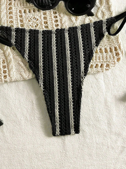 Sexy Orange Striped Bikini Set 2026 Women Halter Push Up Bra Tassel Bandage Thong Swimsuit Summer Holiday Bathing Suit Swimwear - -