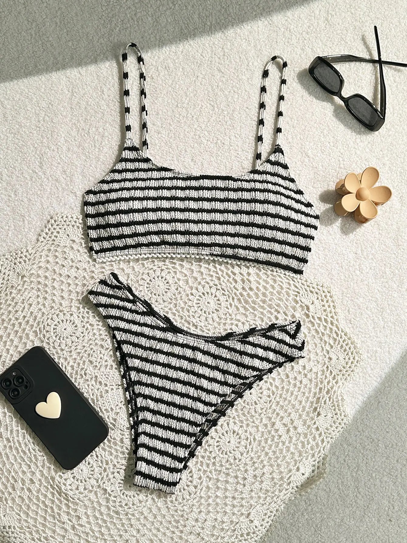 Sexy Black Striped Bikinis 2025 Women Halter Pleate Push Up Micro Swimsuit Brazilian Beach Bathing Suit Holiday Thong Swimwear - black -