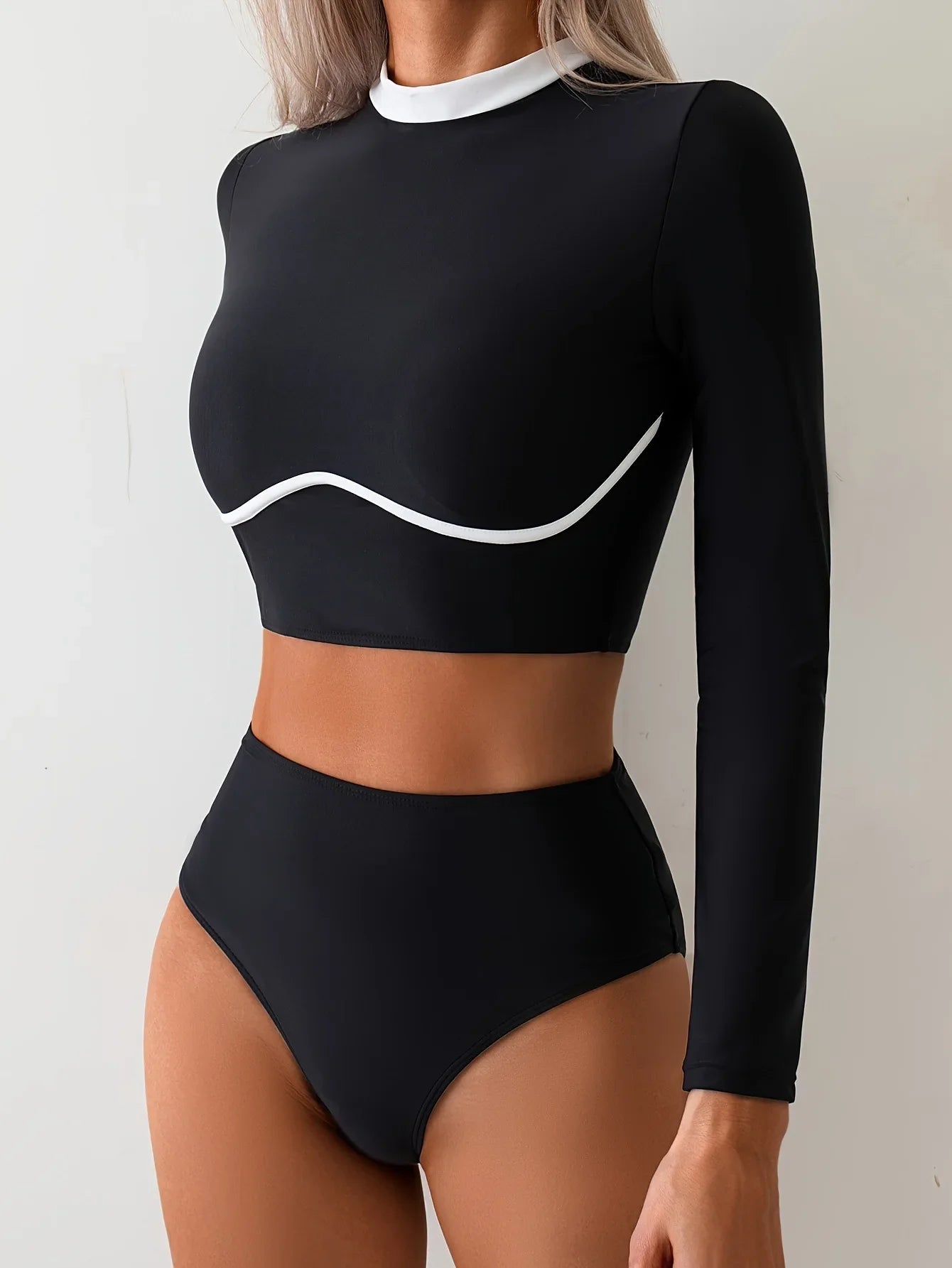 Vintage Black Contrast Bikini 2025 Women Long Sleeve Slim Shirt Top High Waist Sunscreen Swimsuit Beach Bathing Suit Swimwear - -
