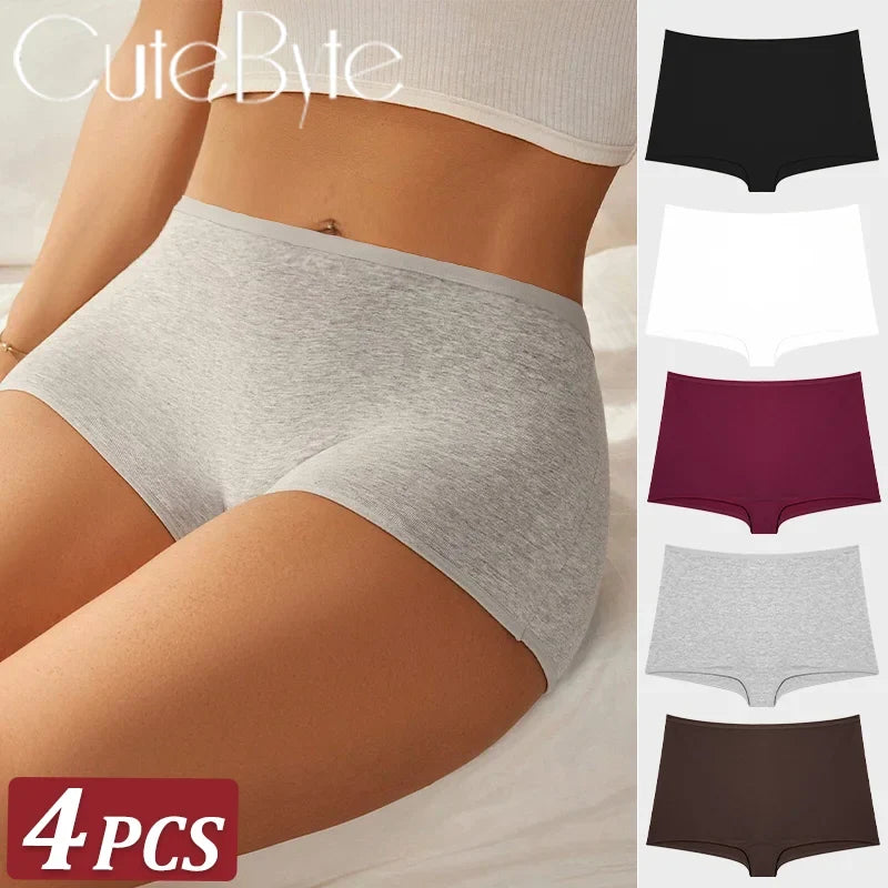 4PCS Women's Panties Cotton Seamless Sports Boxers Underwear Female Solid Color Briefs Cozy Lingerie Intimate Underpants XS-XL - -