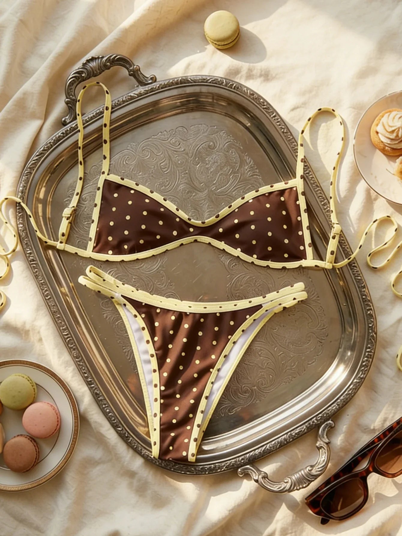 Sexy Coffee Polka Dot Print Bikini Set 2026 Women Pleate Push Up Bra Hollow Out Thong Swimsuit Summer Pool Bathing Suit Swimwear - -