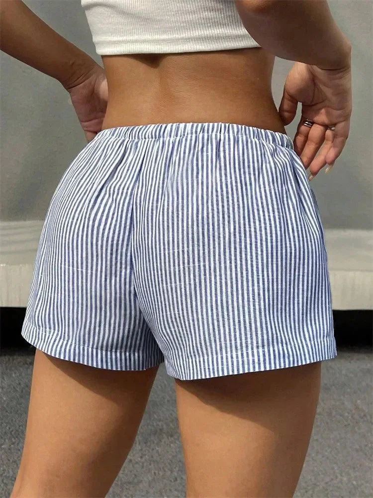 Women Striped Short for Summer Drawstring Elastic Waist Shorts Beach Clothes Streetwear - -