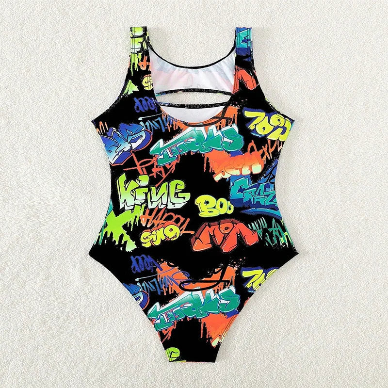 Vintage Yellow Abstract Print One Piece Swimsuit 2024 Women Hollow Out Holiday Bathing Suit Tummy Control Swimwear Beachwear - -