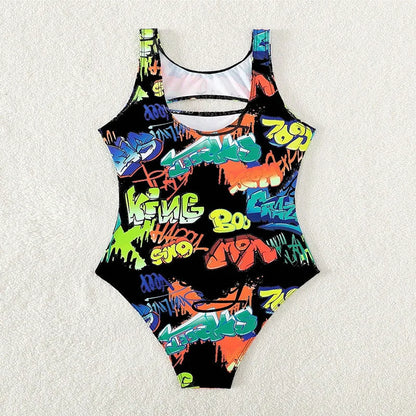 Vintage Yellow Abstract Print One Piece Swimsuit 2024 Women Hollow Out Holiday Bathing Suit Tummy Control Swimwear Beachwear - -