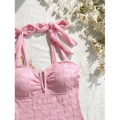 Vintage Pink Floral Print Swimwear Women 2026 Tie Strap V Neck Slim Tummy Control One Piece Swimsuit Beach Holiday Bathing Suits - -