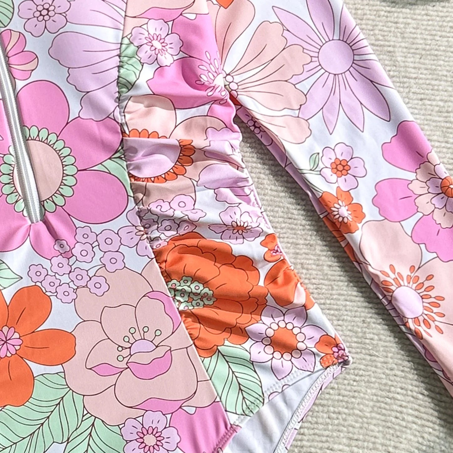 Vintage Pink Floral Print Swimwear Women 2026 Front Zipper Long Sleeve Sunscreen One Piece Swimsuit Bathing Suit Surf Monokini - -