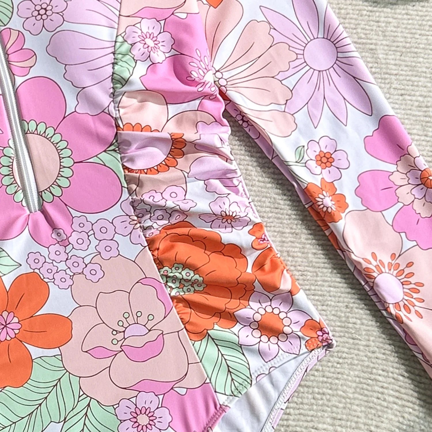 Vintage Pink Floral Print Swimwear Women 2026 Front Zipper Long Sleeve Sunscreen One Piece Swimsuit Bathing Suit Surf Monokini - -