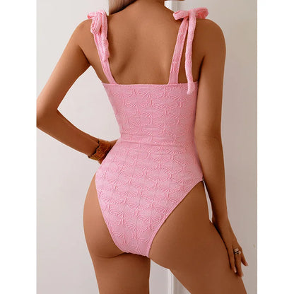 Vintage Pink Floral Print Swimwear Women 2026 Tie Strap V Neck Slim Tummy Control One Piece Swimsuit Beach Holiday Bathing Suits - -