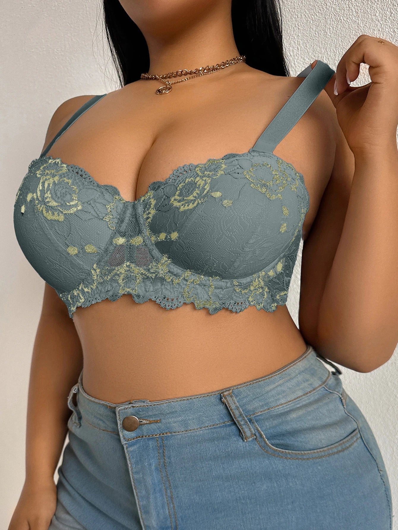 Daily Wide Strap Plus Size Women Bra Lace & Embroidery Push up Bra Comfort Thin Cup Underwire Support Lingerie Bra - -