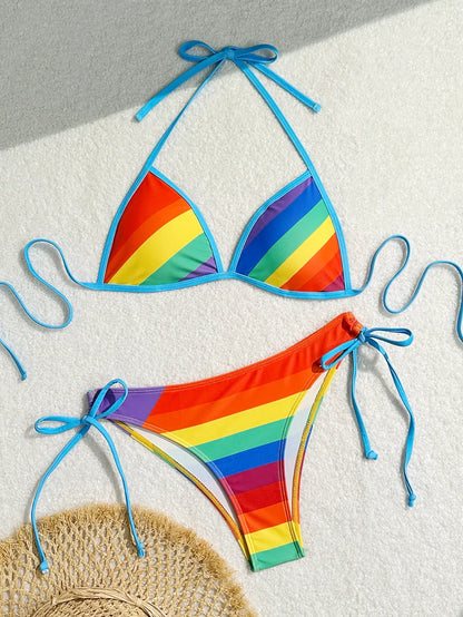 Women's Rainbow Color Bikini Set Sexy Beach Vacation Backless 2 Piece Swimsuit 2024 Summer Bathing Suit Bra Push Up Swimwear - CH10 -