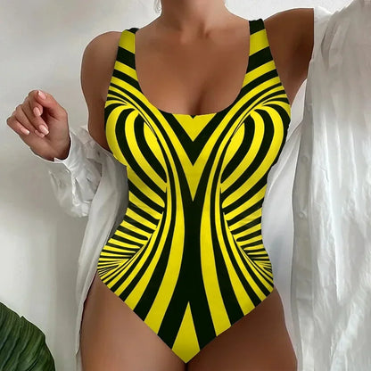 Vintage Abstract Print One Piece Swimsuit Women 2025 Black White Striped Tummy Control Large Size Swimwear Bathing Suit Monokini - -