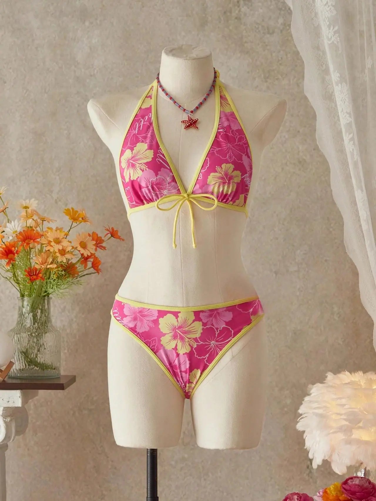 Vintage Pink Floral Print Contrast Bikini Set 2026 Women Drawstring Side Skirt 3 Piece Swimsuit Holiday Bathing Suit Swimwear - -