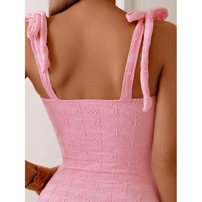 Vintage Pink Floral Print Swimwear Women 2026 Tie Strap V Neck Slim Tummy Control One Piece Swimsuit Beach Holiday Bathing Suits - -