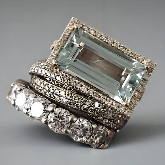 2025 New Fashion Three Piece Set Blue Square Zircon Rings For Women Party Idea Gifts Custom Jewelry - Blue -