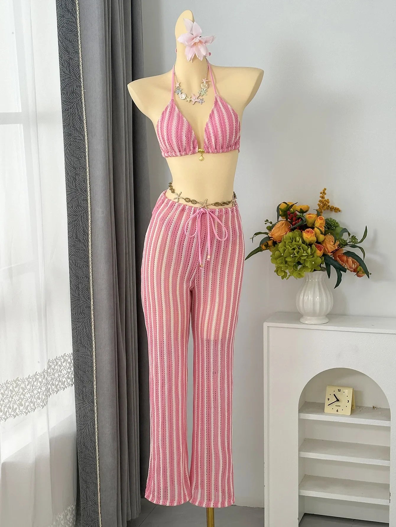 Vintage Red Striped Bikini Set 2026 Women Drawstring Long Panties 3 Piece Swimsuit Beach Holiday Bathing Suit Thong Swimwear - Pink -