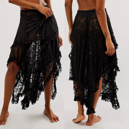Vintage Lace Flower Women Midi Skirts Elastic High Waist Skirts Spring Summer Chic Irregular Hem Casual Female Skirts - -