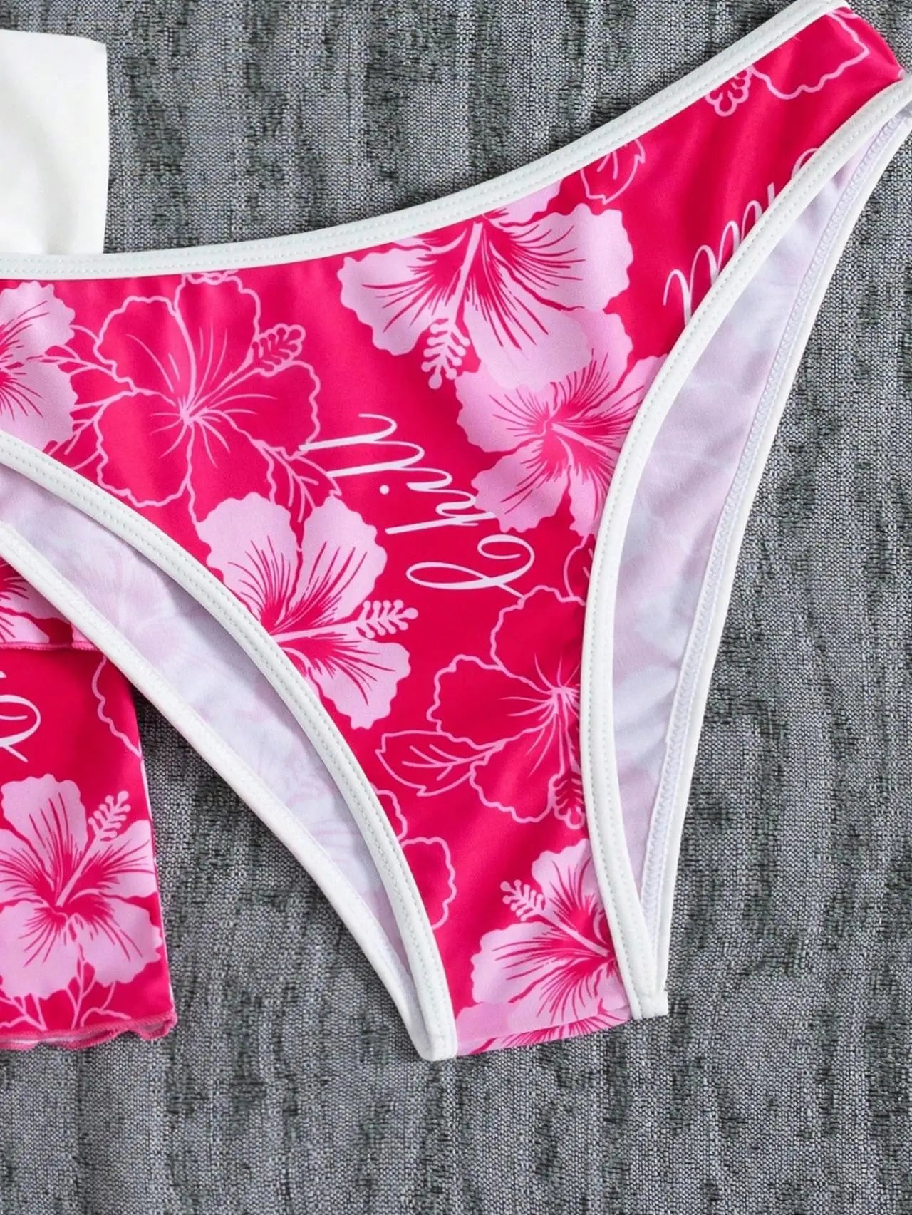 Vintage Pink Floral Print Contrast Bikini Set 2026 Women Drawstring Side Skirt 3 Piece Swimsuit Holiday Bathing Suit Swimwear - -