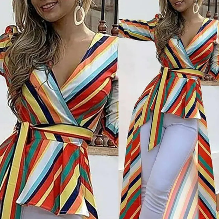 Rainbow Striped Long Sleeve Tie Blouse - - Women's Fashion - Women's Clothing - Blouses & Shirts