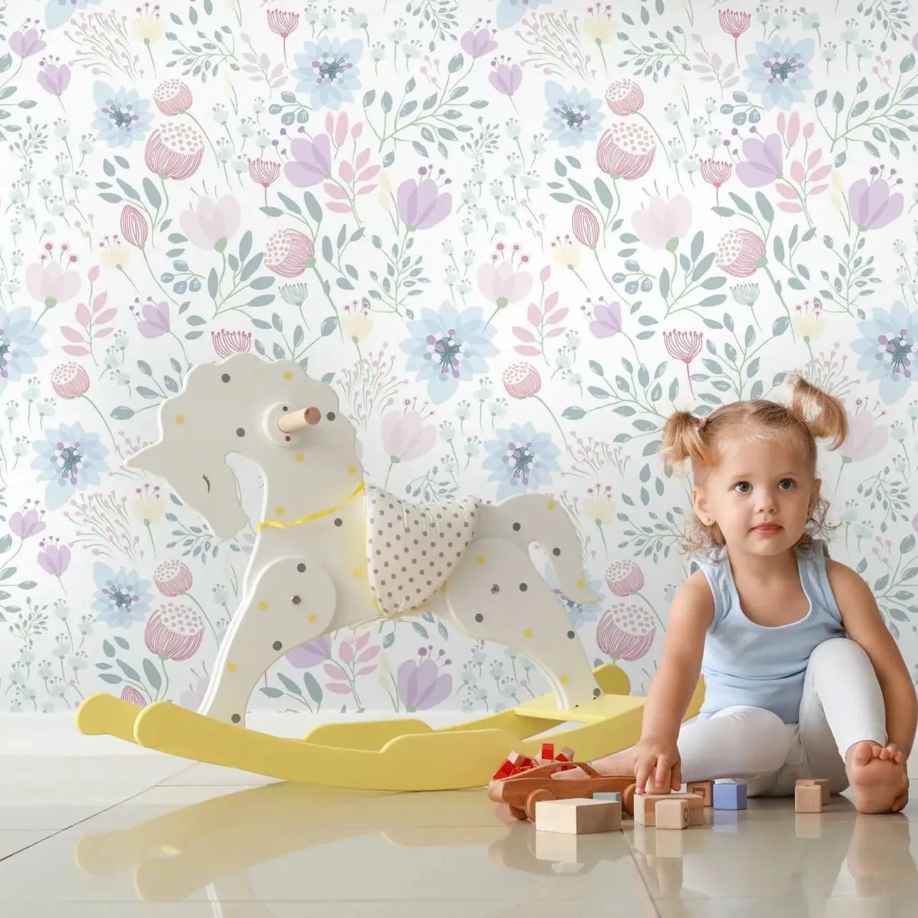 Nursery Colorful  Floral Mural, Nursery Floral Wallpaper in Purple, Watercolor Floral Garden Flowers Wall Mural for Kids Kia Day Design