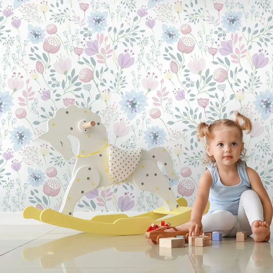 Nursery Colorful  Floral Mural, Nursery Floral Wallpaper in Purple, Watercolor Floral Garden Flowers Wall Mural for Kids Kia Day Design