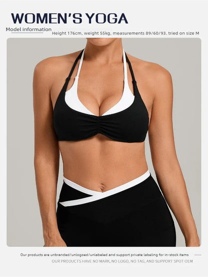 Women's Gym Workout Two-color Yoga Sports Bras Halter Neck Open Back Design Sports Tank Top Running Fitness Built-in Bra Cups - -