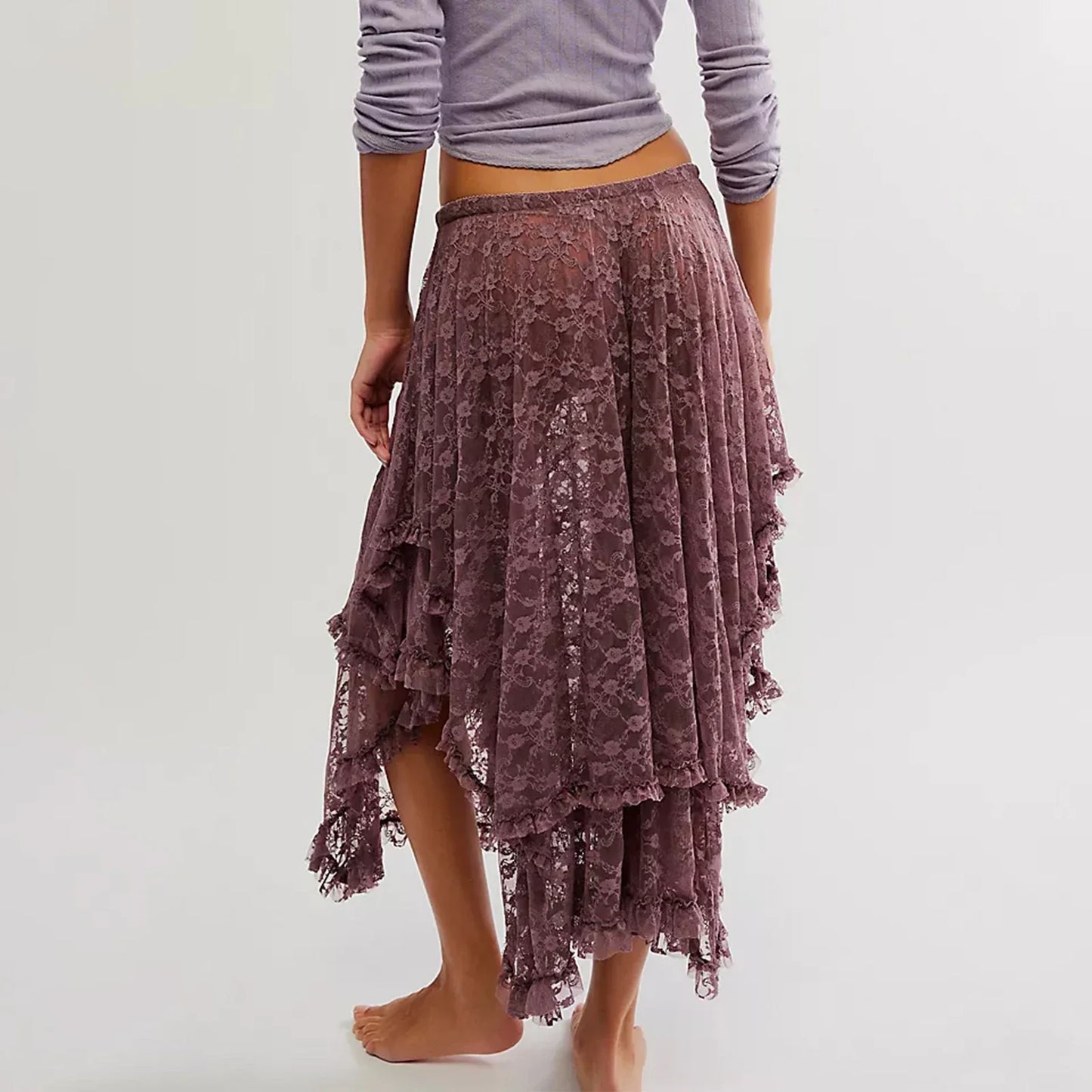 Vintage Lace Flower Women Midi Skirts Elastic High Waist Skirts Spring Summer Chic Irregular Hem Casual Female Skirts - -