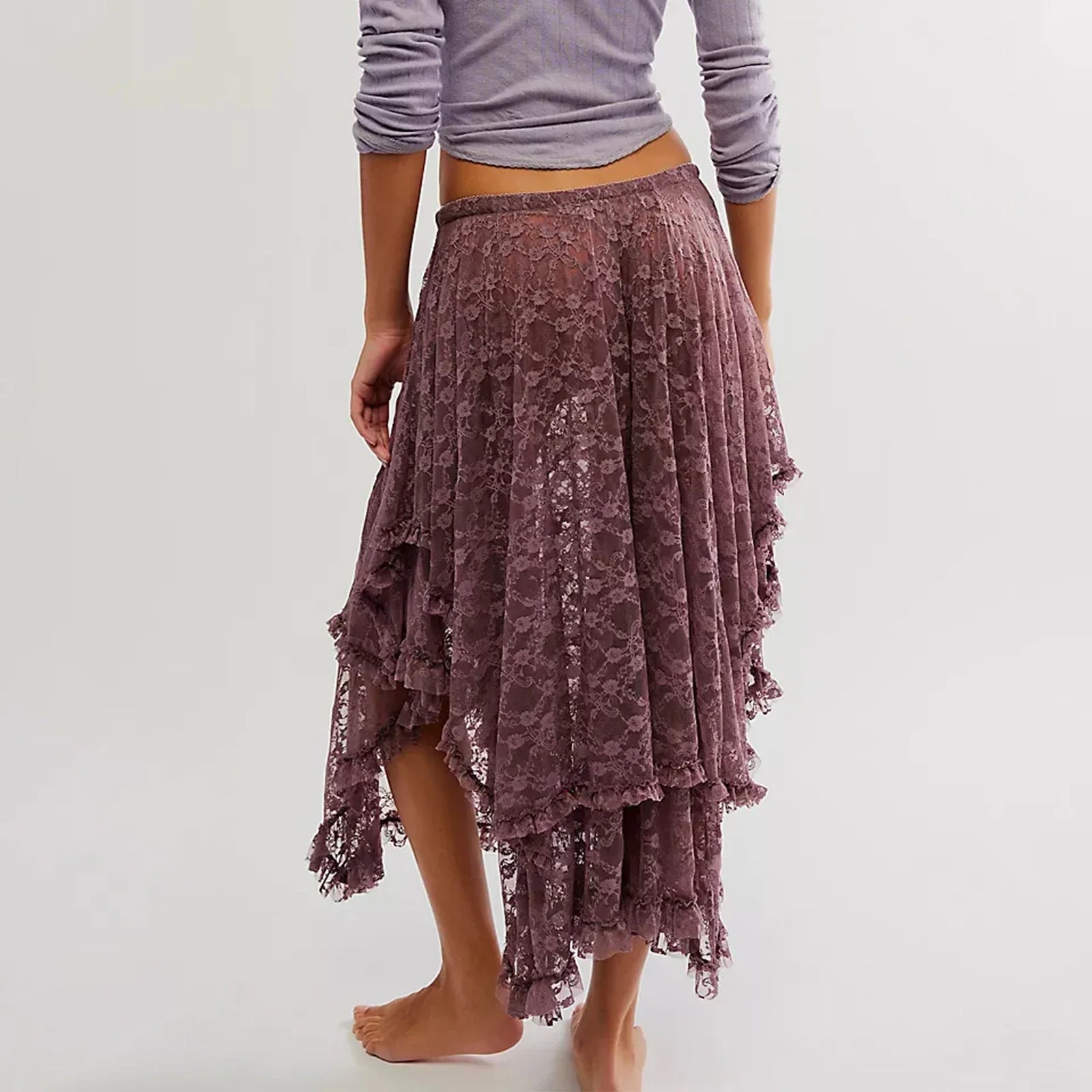 Vintage Lace Flower Women Midi Skirts Elastic High Waist Skirts Spring Summer Chic Irregular Hem Casual Female Skirts - -