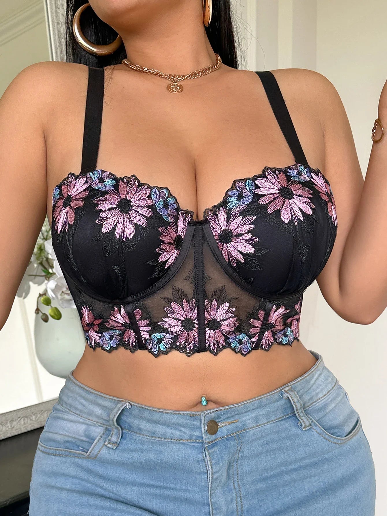 D E Thin Cup Plus Size Bras Lace Embroidered Floral Push up Bra Wide Shoulder Straps Soft Side Support Underwire Bra for Women - -