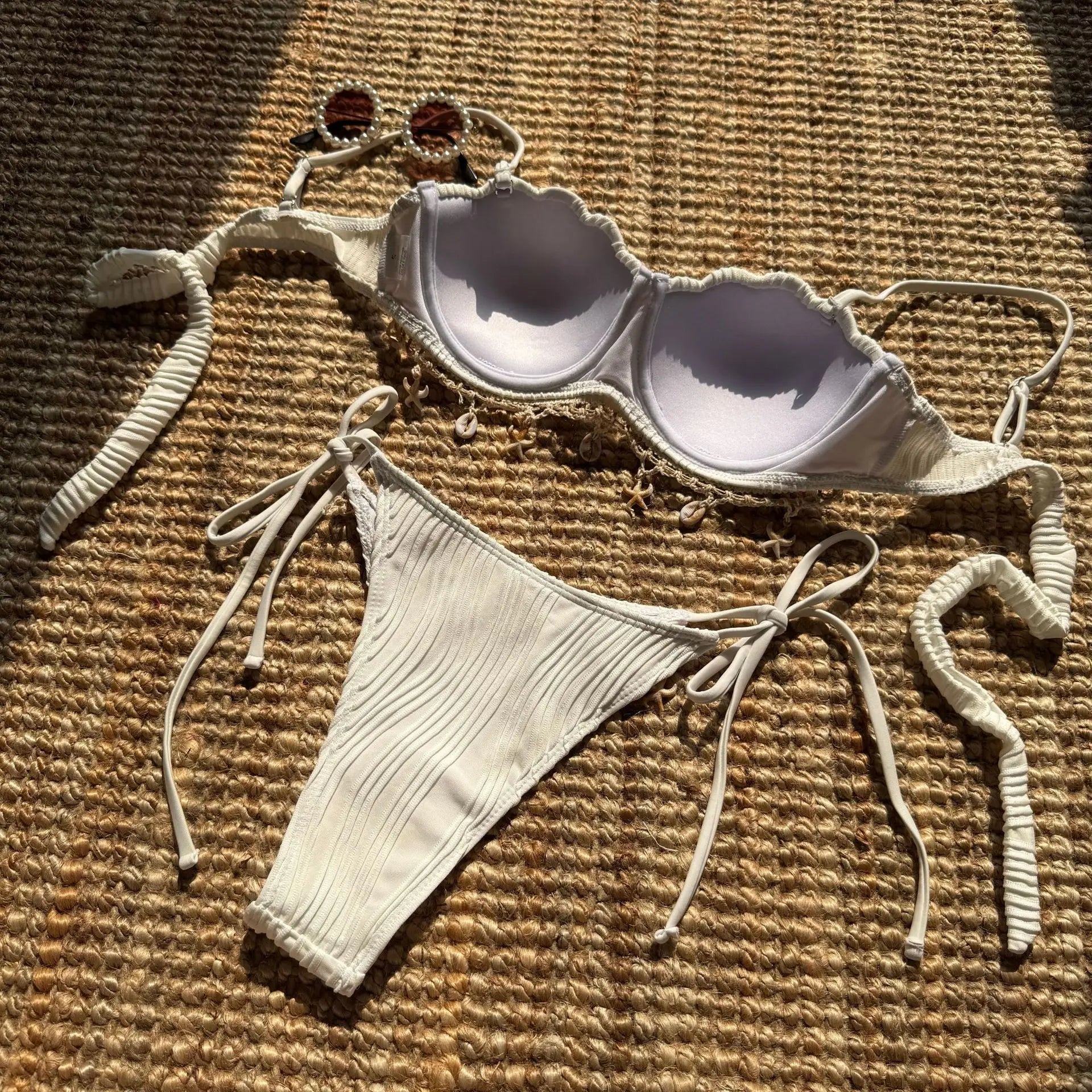 Sexy Shell Starfish Ornament Bikinis Sets Women White Ruffles Push Up Underwire Thong Swimsuit 2025 Beach Bathing Suit Swimwear - -