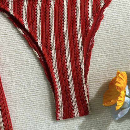 Vintage Red Striped Bikini Set 2026 Women Drawstring Long Panties 3 Piece Swimsuit Beach Holiday Bathing Suit Thong Swimwear - -