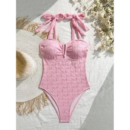 Vintage Pink Floral Print Swimwear Women 2026 Tie Strap V Neck Slim Tummy Control One Piece Swimsuit Beach Holiday Bathing Suits - -