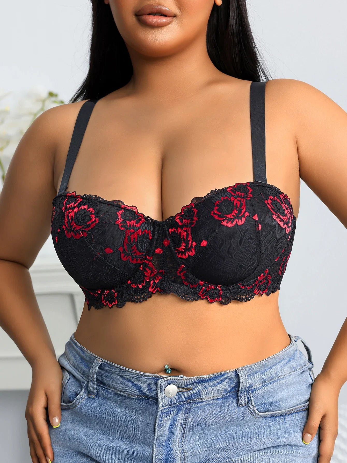 Daily Wide Strap Plus Size Women Bra Lace & Embroidery Push up Bra Comfort Thin Cup Underwire Support Lingerie Bra - Red -