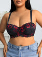 Daily Wide Strap Plus Size Women Bra Lace & Embroidery Push up Bra Comfort Thin Cup Underwire Support Lingerie Bra - Red -