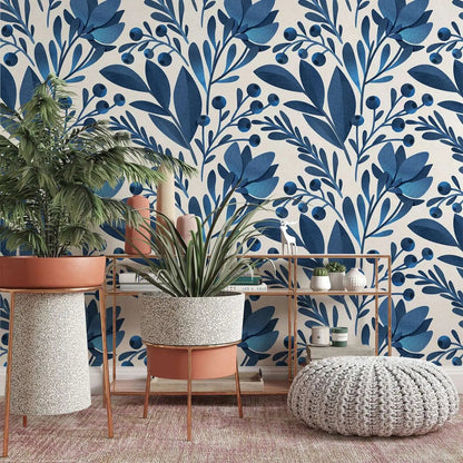 Blue Watercolor Floral Pattern Peel and Stick Wallpaper Kia Day Design