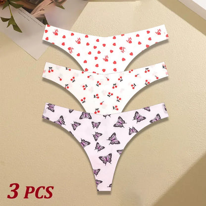 3Pcs Ultra-thin Seamless G-string Women Thongs Sexy Sweet Fruit Low-waist Panties Ladies Soft Cute Thongs Female S-XL T-Back - Set 3 -