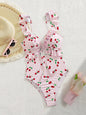 Vintage Pink Starberry Print One Piece Swimsuit 2026 Women Ruffles Bandage Cross High Waist Bikini Beach Bathing Suit Swimwear - Pink -