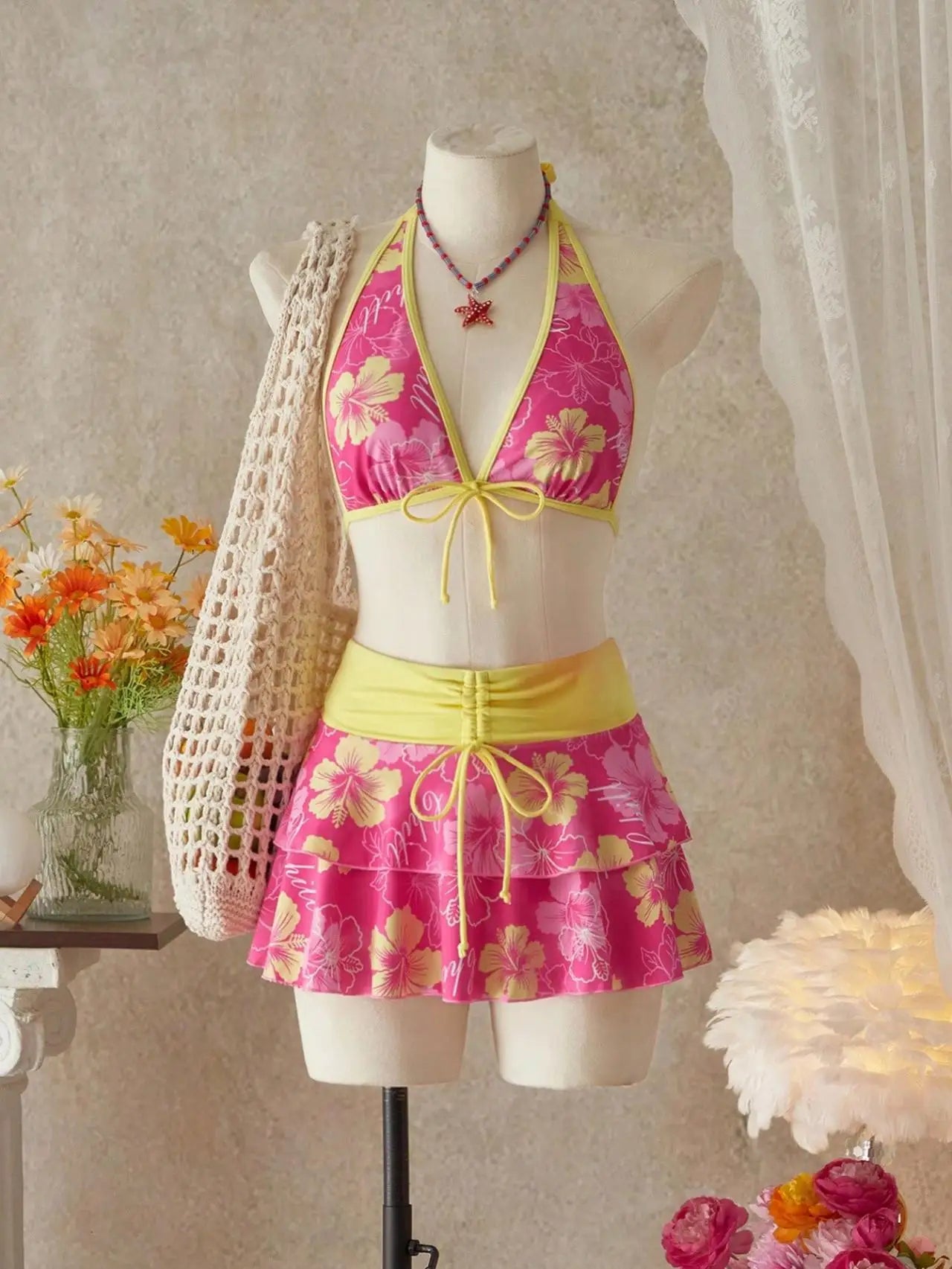 Vintage Pink Floral Print Contrast Bikini Set 2026 Women Drawstring Side Skirt 3 Piece Swimsuit Holiday Bathing Suit Swimwear - Pink -
