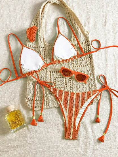 Sexy Orange Striped Bikini Set 2026 Women Halter Push Up Bra Tassel Bandage Thong Swimsuit Summer Holiday Bathing Suit Swimwear - -