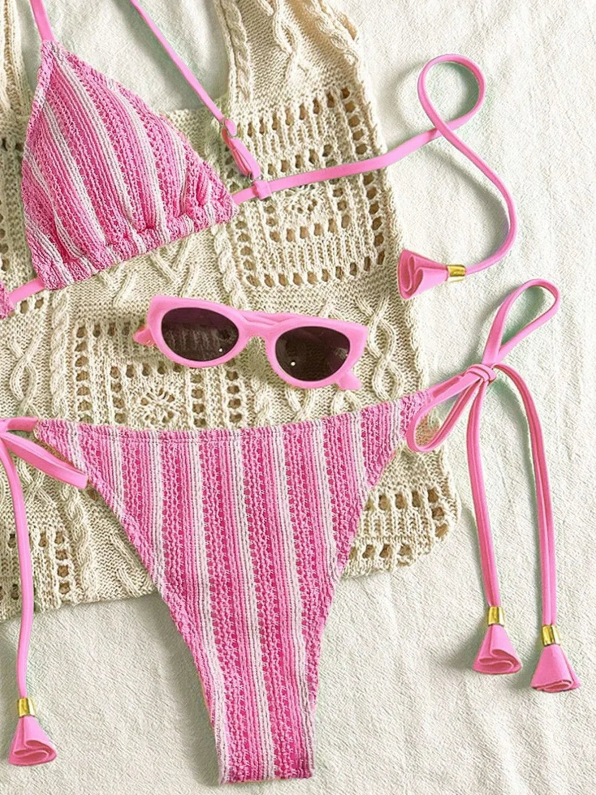 Sexy Orange Striped Bikini Set 2026 Women Halter Push Up Bra Tassel Bandage Thong Swimsuit Summer Holiday Bathing Suit Swimwear - -