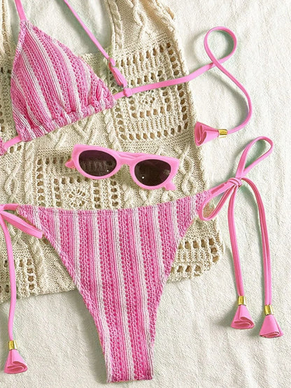 Sexy Orange Striped Bikini Set 2026 Women Halter Push Up Bra Tassel Bandage Thong Swimsuit Summer Holiday Bathing Suit Swimwear - -