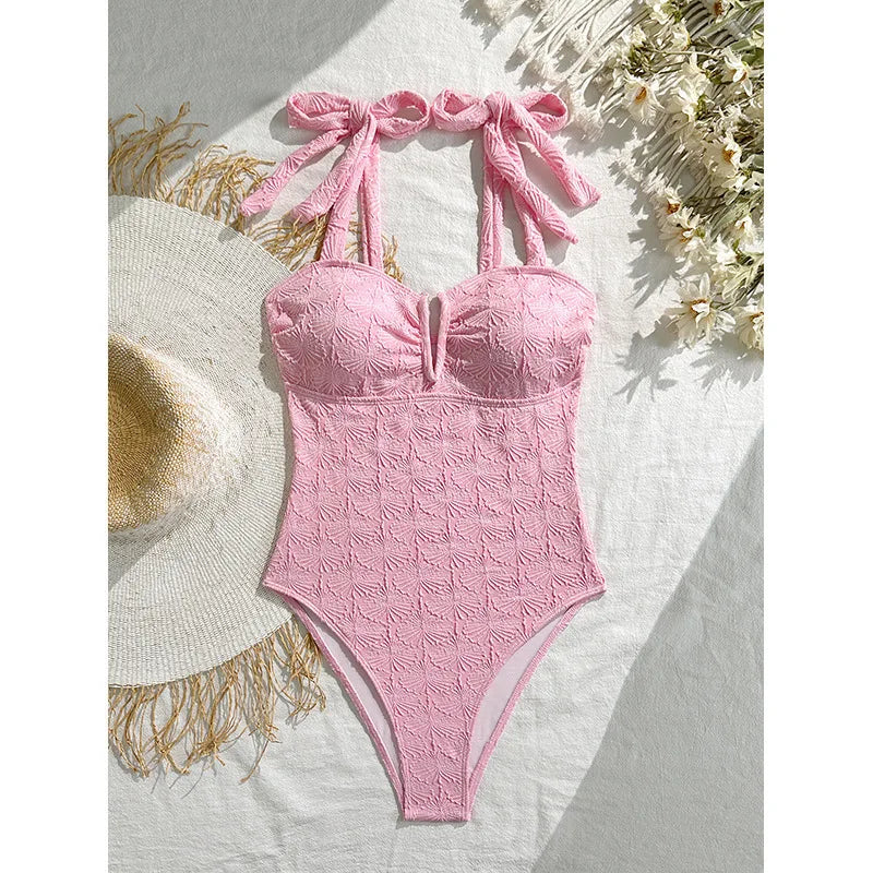 Vintage Pink Floral Print Swimwear Women 2026 Tie Strap V Neck Slim Tummy Control One Piece Swimsuit Beach Holiday Bathing Suits - Pink -