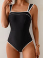 Vintage Black White Contrast Swimwear Women Sexy Push Up Slim Tummy Control One Piece Swimsuit Beach Bathing Suit Pool Monokini - black -