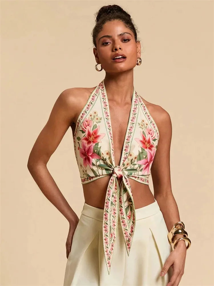 Sexy Knot Front Halter Crop Top for Women Summer Sleeveless Graphic Floral Printed V-neck Backless Tank Top Y2K Clothes - -