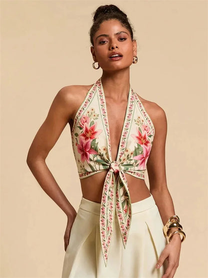 Sexy Knot Front Halter Crop Top for Women Summer Sleeveless Graphic Floral Printed V-neck Backless Tank Top Y2K Clothes - -