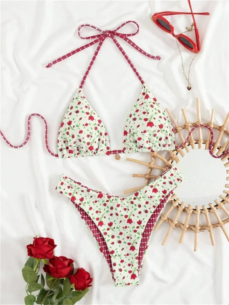 Sexy White Floral Print Micro Bikini 2026 Women Push Up Bra High Waist Swimsuit Beach Bathing Suit Holiday Two Piece Swimwear - WHITE -