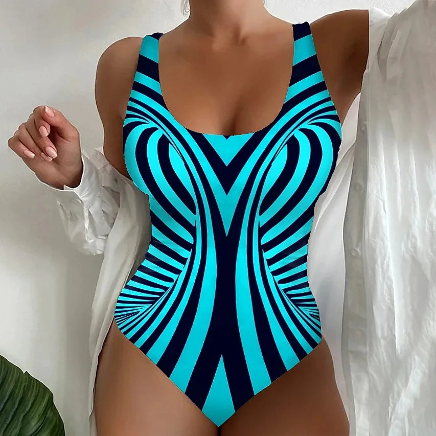 Vintage Abstract Print One Piece Swimsuit Women 2025 Black White Striped Tummy Control Large Size Swimwear Bathing Suit Monokini - -