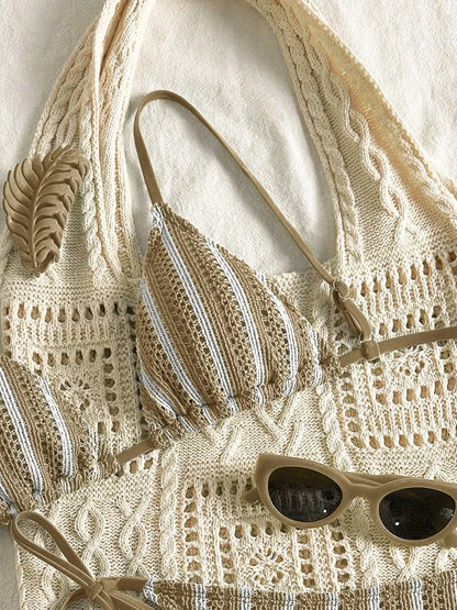 Sexy Orange Striped Bikini Set 2026 Women Halter Push Up Bra Tassel Bandage Thong Swimsuit Summer Holiday Bathing Suit Swimwear - -