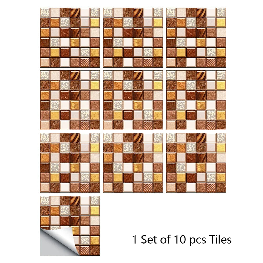 10pcs Mosaic Hard Tiles Sticker 2d Peel & Stick brown white